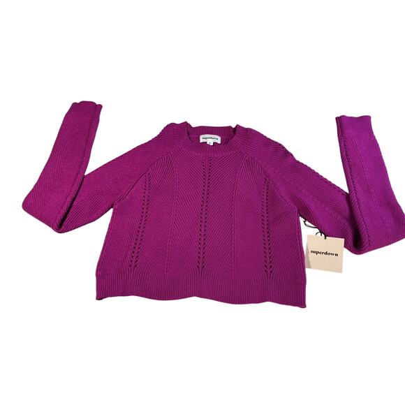 Revolve Superdown Cropped Sweater Small Fuchsia Hot Pink Ribbed Raglan Sleeves - Picture 2 of 7